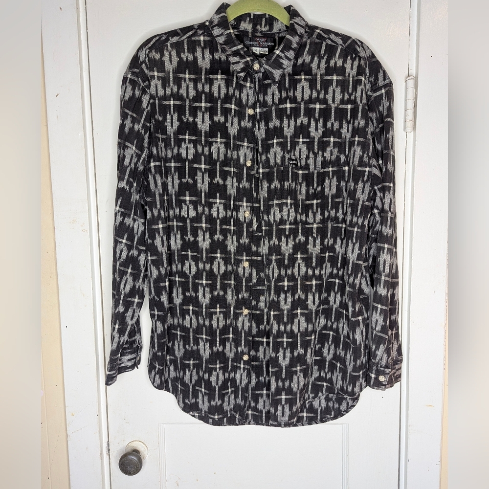 Vintage Guess by Georges Marciano Men's Black Tribal Print Button Down Shirt M